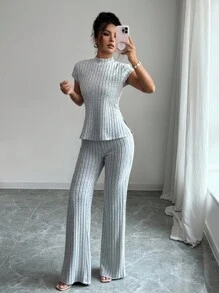 Elenzga 女式夏季纯色中式立领短袖罗纹 T 恤和裤子休闲优雅两件套 - 灰色 - 查看 3