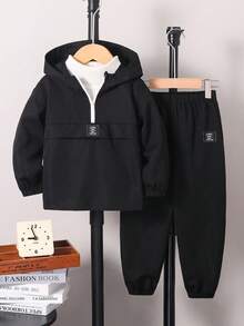 SHEIN Young Boy 2pcs Spring/Summer Lightweight Suit, Minimalist Hooded Long Sleeve Top With Drawstring Ankle Sports Pants, Fashionable Casual Two Pieces Set Fall Winter