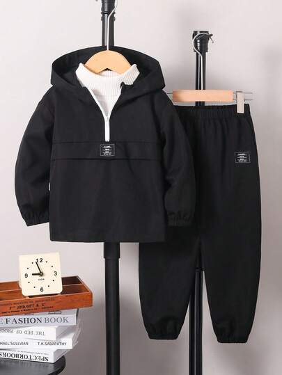 SHEIN Young Boy 2pcs Spring/Summer Lightweight Suit, Minimalist Hooded Long Sleeve Top With Drawstring Ankle Sports Pants, Fashionable Casual Two Pieces Set Fall Winter