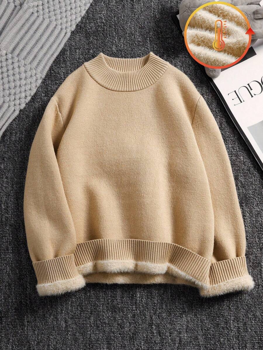 SHEIN 青少年男孩休闲卡其色百搭简约立领毛衣,秋冬 - 杏色 - 查看 1