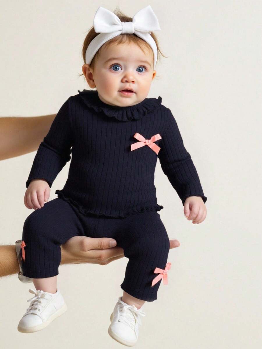 SHEIN Set Atasan dan Celana Lengan Panjang Leher Bulat Katun Lembut untuk Bayi Baru Lahir, Nyaman dan Ramah Kulit, Musim Gugur/Musim Dingin - Hitam - View 1