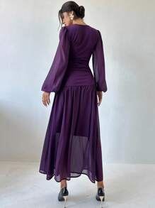 Firerie Vestido elegante de mujer con cuello en V, manga farol y fruncido en unicolor