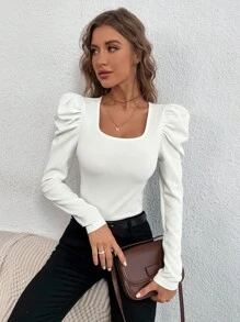 EURMUSE Elegant blus med fyrkantig halsringning och Gigot-ärm - Vitt - Visa 5