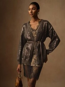 Vesra 女士时尚亮片灯笼袖休闲开衫 - 咖啡棕 - 查看 5