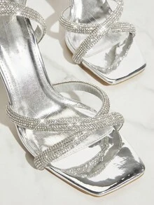 SHUZIA Silver Color & Women's Rhinestone Strappy Heeled Stiletto Open-Toe Sandals - Silver - View 5