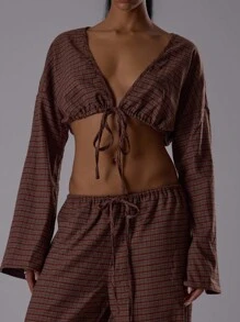 MUSERA 超短款上衣和抽绳长裤套装，波西米亚风，优雅假日风，柔和朦胧色调，适合秋季约会、春夏穿着。 - 棕色 - 查看 5