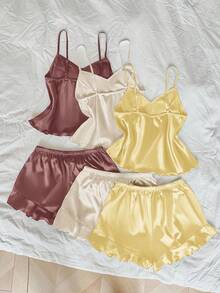 LuxeNights Bộ 3 món/Bộ trang phục phối ren lụa giả màu tương phản - Nhiều màu - Xem 2