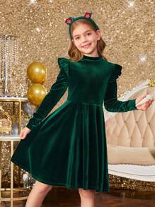 SHEIN Serisse Kids 少女纯色天鹅绒针织荷叶边长袖连衣裙，适合秋冬季休闲日常穿着及上学穿着，绿色，适合圣诞节、派对、生日、公主裙等场合。 - 綠色 - 查看 3