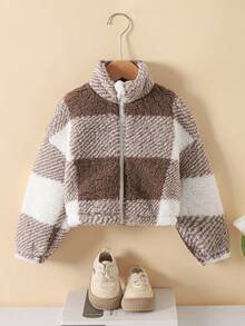 SHEIN 年轻女孩法式格子长袖短毛绒夹克，秋冬季，母女和姐妹搭配，立领长袖拉链高领保暖泰迪夹克，羊毛开衫，温暖舒适，非常适合秋冬季休闲日常穿着和上学日常，适合圣诞节、万圣节。女童碎花夹克可爱女童夹克女童羊毛夹克儿童毛绒夹克女童柔和夹克