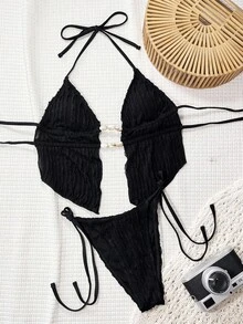 Bonvoyette Bộ đồ bơi bikini đi biển gợi cảm dễ thương không dây buộc hở lưng bằng vải jacquard màu trơn cho nữ - màu đen - Xem 3