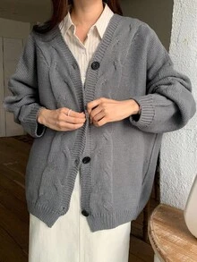 DAZY Women's Solid Color Cable Knit Twist Front Cardigan, Long Sleeve, Suitable For Autumn/Winter - Grey - View 4