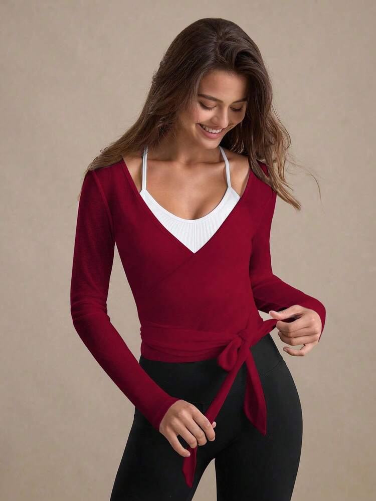 Eassivo Eassivo 女式休闲轻质纹理系带长袖运动 T 恤，四季百搭 女士红色上衣 女士瑜伽上衣 红色运动上衣 酒红色上衣 裹身上衣 女士瑜伽上衣 女士瑜伽上衣 女士瑜伽上衣 - 酒紅色 - 查看 1