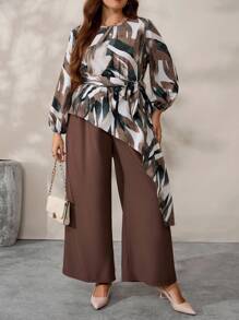 EMERY ROSE Plus Size Asymmetrical Print Shirt And Pants 2 Pieces Set
