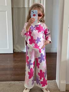 Emery Rose Kids Emery Rose Kids 2 件套少女彩色花卉图案圆领不对称斗篷毛衣和阔腿针织裤套装，可爱、温暖、舒适、休闲 - 彩色 - 查看 4