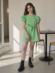 Girls' Round Neck Sleeveless Ruffle Trim Belted Short Jumpsuit, Vacation Wear - Mint Green - View 7