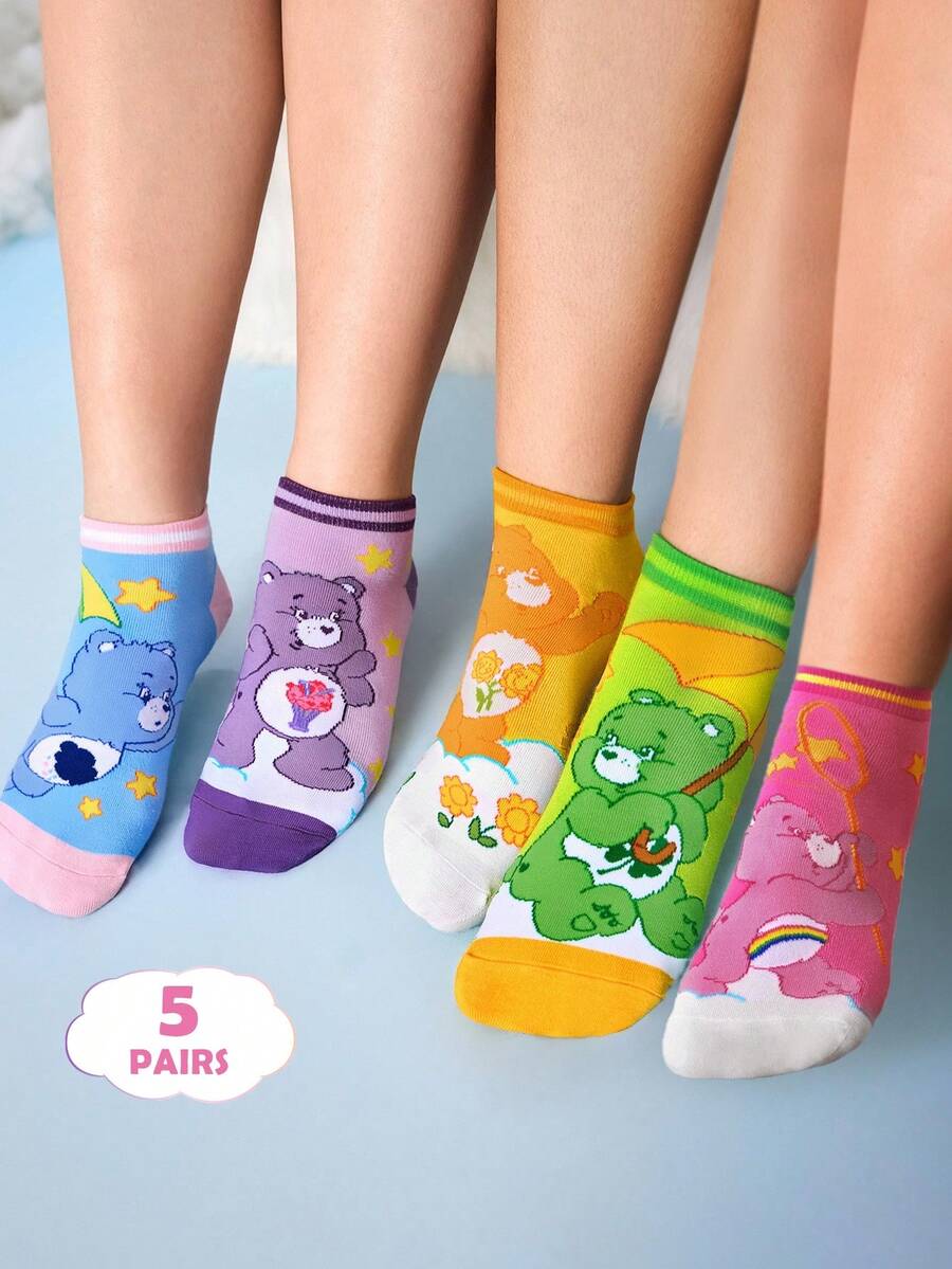 SHEIN X Care Bears 5 双柔软透气吸湿排汗休闲短袜，时尚可爱，彩色短袜，加固脚趾和脚跟，经久耐用，男女通用，四季百搭，夏冬 - 彩色 - 查看 1