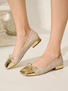 CUCCOO CHICEST 女士格子蝴蝶结尖头平底鞋，优雅甜美通勤浪漫休闲基本时尚个性经典舒适复古金丝绒金属仿皮礼服芭蕾平底鞋，适合下午茶、约会、派对、职场、优雅装扮、校园风格、舞会、基本百搭、万圣节、新年、春节 - 金色 - 查看 7