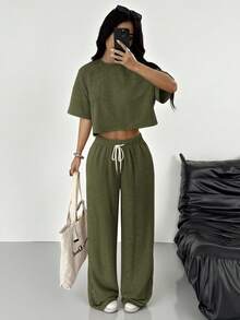 SHEIN EZwear 橄榄绿针织女式圆领落肩休闲上衣和裤子套装 - 軍綠色 - 查看 4