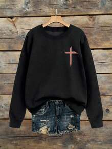 EMERY ROSE Große Größen Sweatshirt mit Glaubens-Slogan-Grafik für Damen, Rundhalsausschnitt, Langarm, Herbst/Winter - Schwarz - Übersicht 2