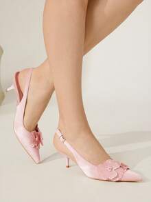CUCCOO CHICEST 女士优雅尖头花卉装饰天鹅绒小猫跟高跟鞋，浅粉色，适合正式场合、派对、约会、圣诞节、感恩节、生日、情人节 - 藕粉色 - 查看 3