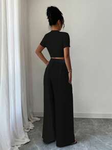 Selianne 女士實色短袖上衣和長褲夏季休閑兩件套裝 - 黑色 - 查看 2