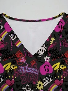 PopScrub Plus Size Women V-Neck Short Sleeve Nurse Uniform,Cartoon Colorful Graffiti Print Work Clothes,Multi-Pocket Functional Smock Top,Doctor Lab Work Tops - Multicolor - View 6