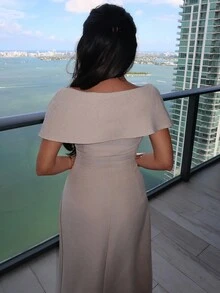 Durrani Popal Elegant Simple Apricot Off Shoulder Dress With Flared Dress, Slimming,Summer Dresses For Women,Tea Party Dress - Apricot - View 2