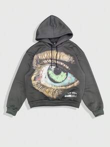 ROMWE MEN Street Life Men's Casual Eye Print Drawstring Hoodie And Sweatpants Set, Autumn - Dark Grey - View 4