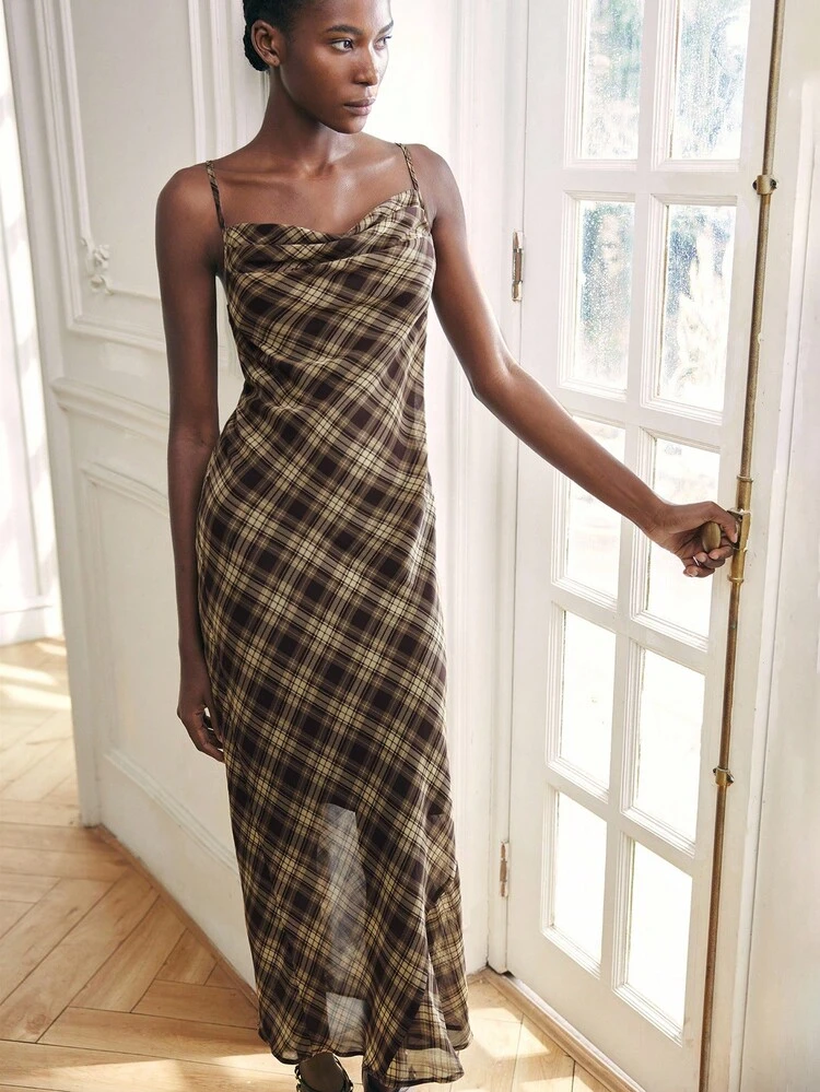 SHEIN Maija Women's Plaid Casual Spaghetti Strap Dress Checkered Dress Plaid Dress Women Cowl Neck Dress Slip Dress Square Neck Dress