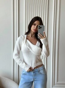 Firerie Women's Solid Color Asymmetric Collar Cropped Sweater, Suitable For Commuting In Fall/Winter - Green - View 7