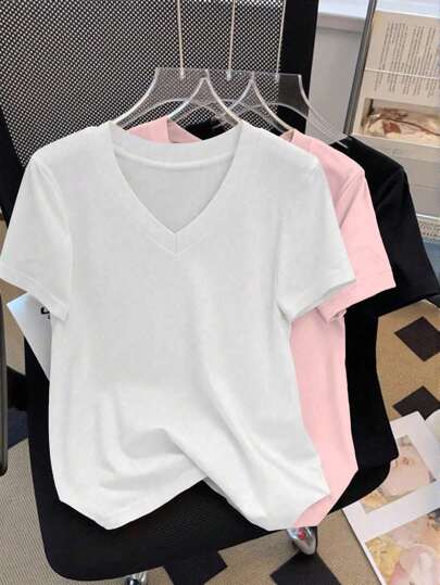 SHEIN Plus Size Solid Color V-Neck Casual Short Sleeve T-Shirt, Summer