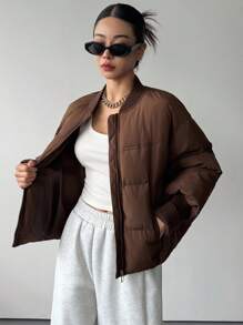 DAZY 纯色罗纹拼接女士棉服外套冬季 - 咖啡棕 - 查看 3
