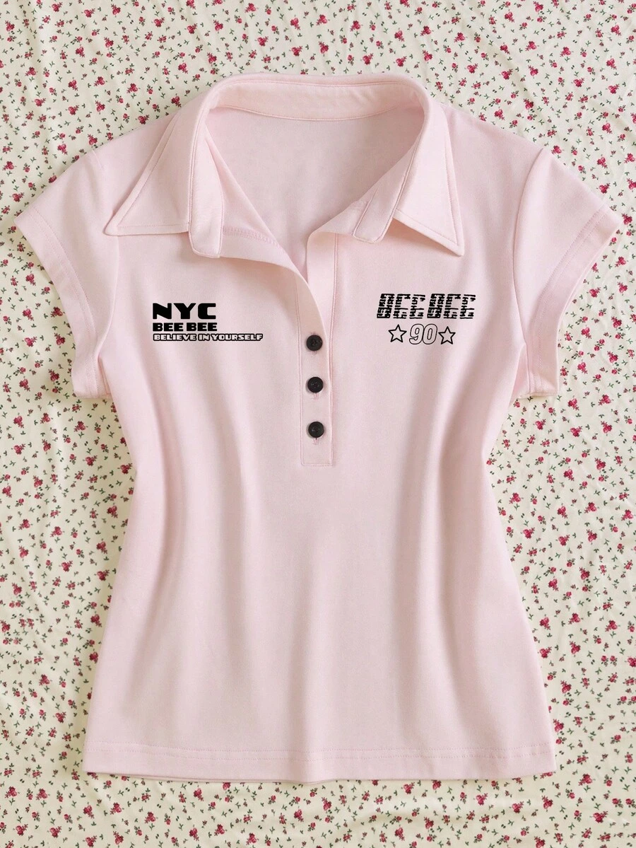 INAWLY 女式夏季字母印花 Polo 领短袖休闲 T 恤 - 淺粉色 - 查看 1