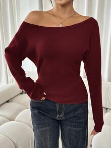 SHEIN SXY 女士纯色不对称领口休闲长袖红色毛衣休闲派对优雅家居性感秋冬休闲圣诞万圣节新年不对称上衣 - 酒紅色 - 查看 4