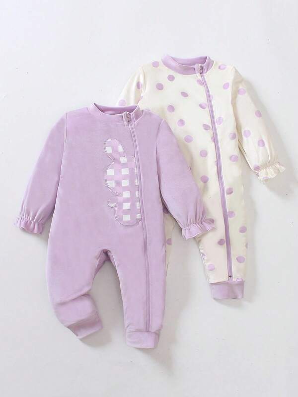 SHEIN 2pcs Baby Girl Polka Dot & Plaid Rabbit Jumpsuit Set, Cute Round Neck Long Pants, Suitable For Outings, Parent-Child Activities Or Small Parties, Spring/Autumn Fall Winter