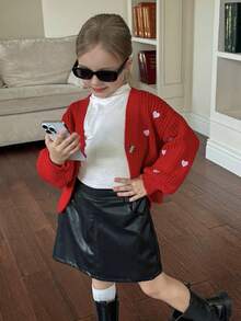 SHEIN V领宽松落肩开衫，带心形刺绣，适合秋冬季 - 紅色 - 查看 5