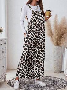 SHEIN LUNE Damen Lässig Leoparden-Muster Taschen Loose Jumpsuit, geeignet für Herbst/Winter