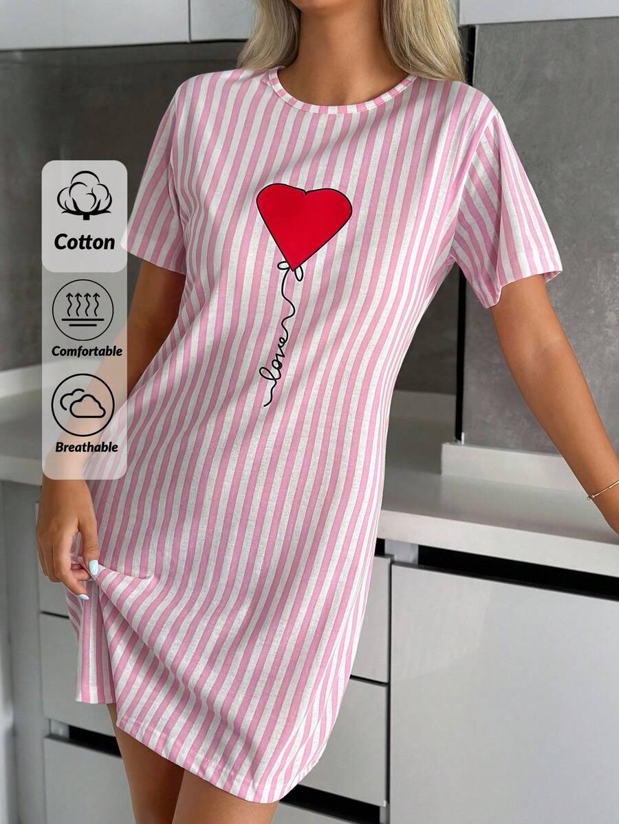 SHEIN Women Striped With Round Neck Heart Print Short Sleeved Pajama Night Dress Sleep Dress Nightdress Sleep Shirt Cute Nightgown Pajamas Dress