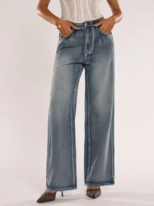 SHEIN BAE Jeans rectos de mujer con lavado vintage casual