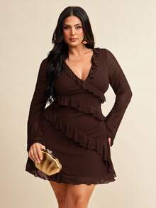 SHEIN BAE 加大码长袖连衣裙，浪漫甜美荷叶边秋季连衣裙，适合约会、旅行、秋季内衣、蝴蝶结、女士夏季连衣裙、女士节日派对服装、优雅、生日服装、网眼、性感连衣裙、生日礼服、返校女孩服装、女孩夏季服装、秋季服装、校服、万圣节、冬季、Y2k 服装、复古、女士度假服装、加大码女装、女士夏季连衣裙、7 月 4 日女士 - 咖啡棕 - 查看 5