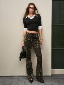 Jeanoix 女式复古豹纹低腰喇叭牛仔裤 - 卡其色 - 查看 5