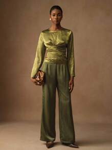 Vesra Áo cánh nữ cổ tròn tay dài vải jacquard thắt chéo thắt eo thanh lịch cổ điển - xanh quân đội - Xem 3