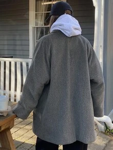 DAZY Áo khoác len dáng rộng màu trơn thường ngày dành cho nữ có ve rộng, áo khoác nữ thu/đông - Xám - Xem 2