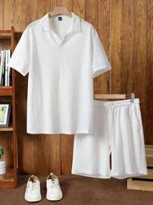 Manfinity NXTstreet Men's V-Neck Short Sleeve Polo Shirt And Shorts Set - White - View 1