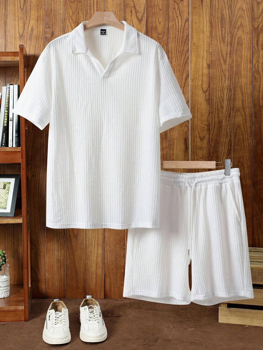 Manfinity NXTstreet Men's V-Neck Short Sleeve Polo Shirt And Shorts Set - White - View 1