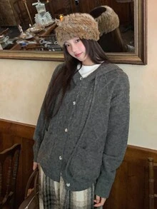 DAZY كارديجان نسائي بغطاء رأس بأسلوب كوري مع تصميم كابل محبوك وتويست أمامي للخريف والشتاء