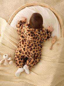 SHEIN 新生儿男女通用毛绒豹纹连帽连体衣，秋冬季婴儿服装，婴儿万圣节服装 - 彩色 - 查看 4