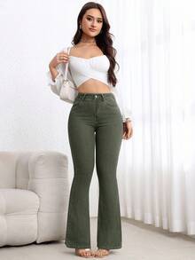SHEIN PETITE Women's Casual Washed Slim Fit Flare Jeans - Green - View 6