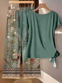 EMERY ROSE 2 件大码女式花卉印花撞色休闲度假圆领短袖上衣和阔腿裤套装，秋季 - 彩色 - 查看 2