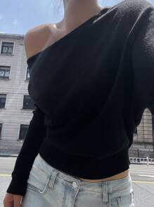 DAZY 女士秋季斜肩时尚纯色长袖毛衣 - 黑色 - 查看 1
